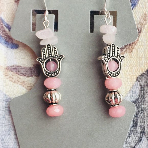 Rosey Transition - Rose Quartz raw stones stacked - Hand of Hamsa Earrings - Picture 3 of 6